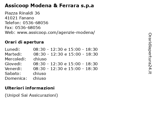Assicoop Modena & Ferrara s.p.a a Fanano: indirizzo e orari di apertura