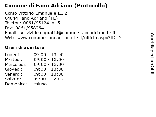 Comune di Fano Adriano (Protocollo) a Fano Adriano (TE): indirizzo e orari di apertura