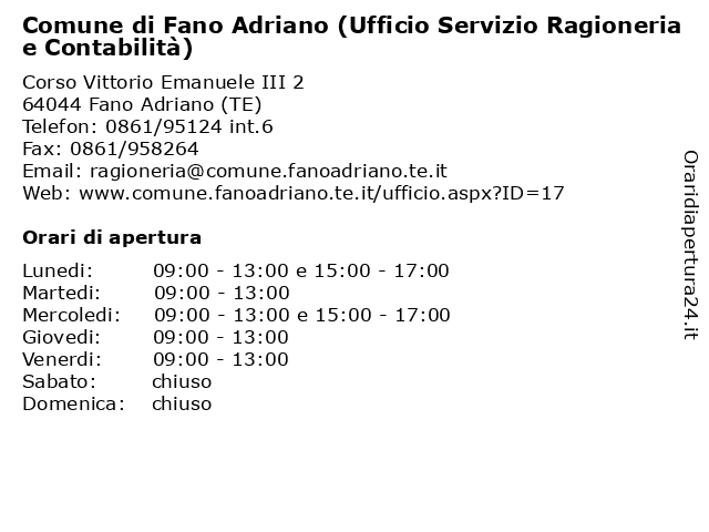 Comune di Fano Adriano (Ufficio Servizio Ragioneria e Contabilità) a Fano Adriano (TE): indirizzo e orari di apertura