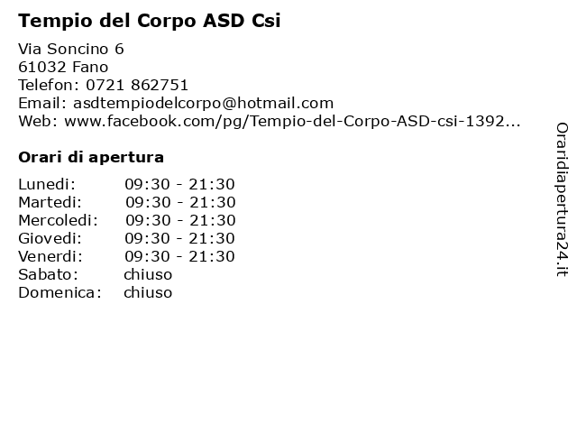 Tempio del Corpo ASD Csi a Fano: indirizzo e orari di apertura