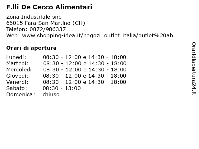 F.lli De Cecco Alimentari a Fara San Martino (CH): indirizzo e orari di apertura