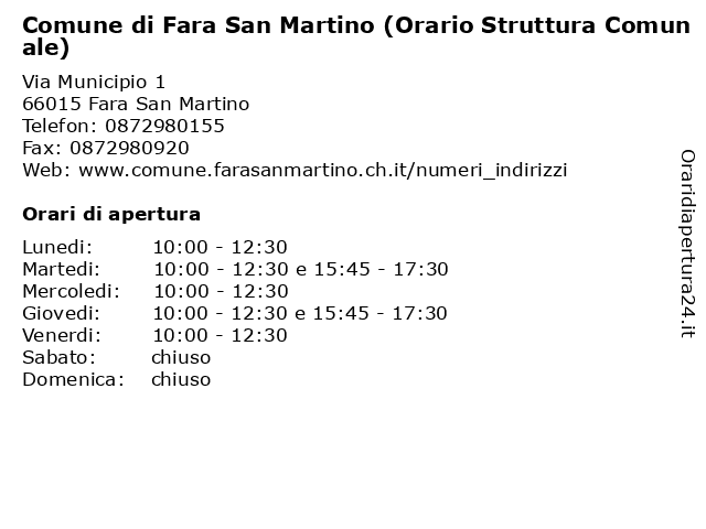 Comune di Fara San Martino (Orario Struttura Comunale) a Fara San Martino: indirizzo e orari di apertura