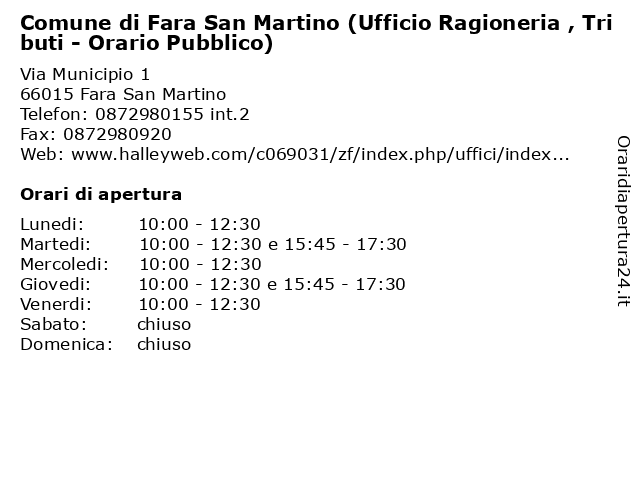 Comune di Fara San Martino (Ufficio Ragioneria , Tributi - Orario Pubblico) a Fara San Martino: indirizzo e orari di apertura