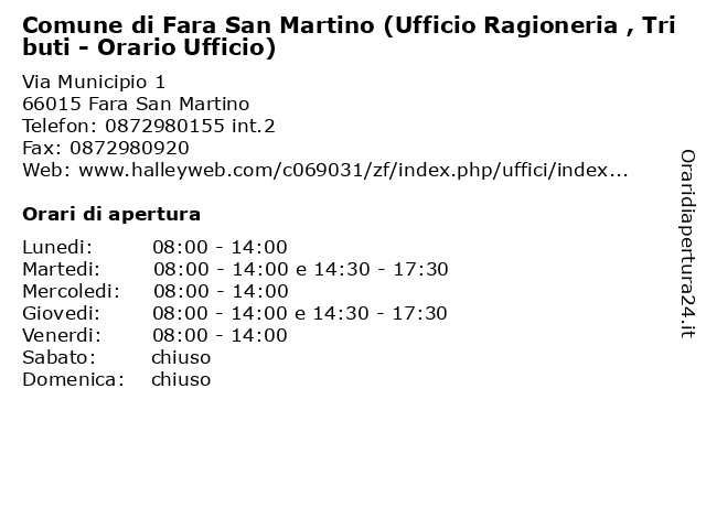 Comune di Fara San Martino (Ufficio Ragioneria , Tributi - Orario Ufficio) a Fara San Martino: indirizzo e orari di apertura