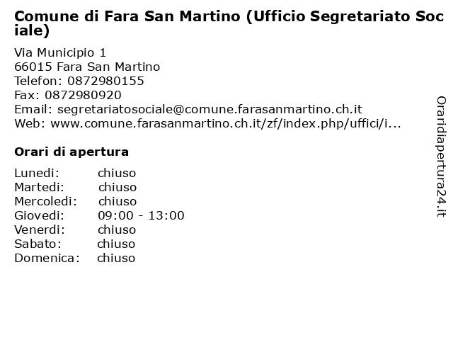 Comune di Fara San Martino (Ufficio Segretariato Sociale) a Fara San Martino: indirizzo e orari di apertura