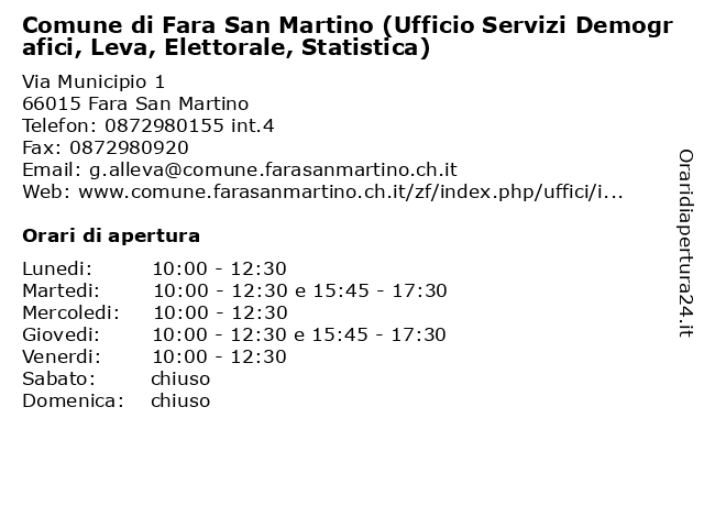 Comune di Fara San Martino (Ufficio Servizi Demografici, Leva, Elettorale, Statistica) a Fara San Martino: indirizzo e orari di apertura