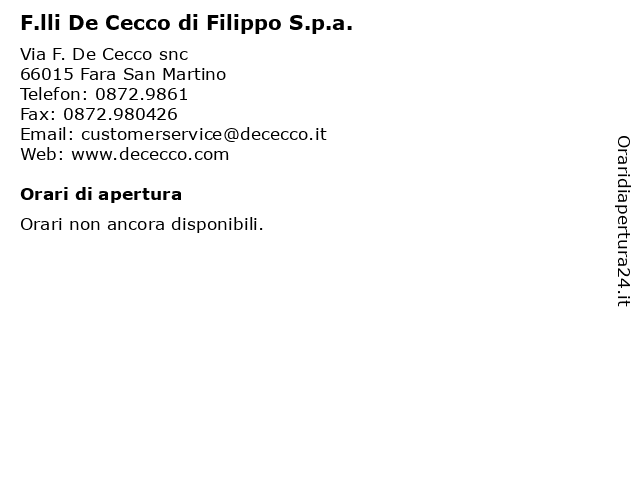 F.lli De Cecco di Filippo S.p.a. a Fara San Martino: indirizzo e orari di apertura