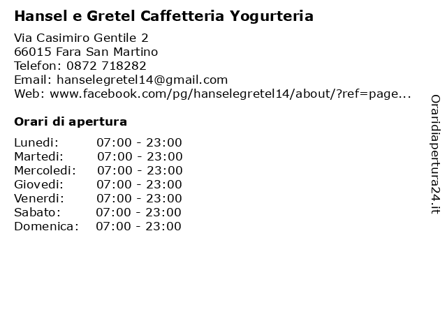 Hansel e Gretel Caffetteria Yogurteria a Fara San Martino: indirizzo e orari di apertura