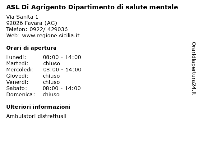 ASL Di Agrigento Dipartimento di salute mentale a Favara (AG): indirizzo e orari di apertura