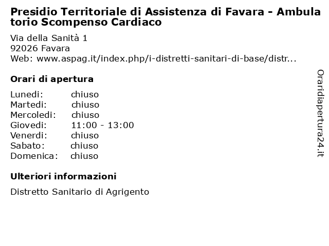 Presidio Territoriale di Assistenza di Favara - Ambulatorio Scompenso Cardiaco a Favara: indirizzo e orari di apertura
