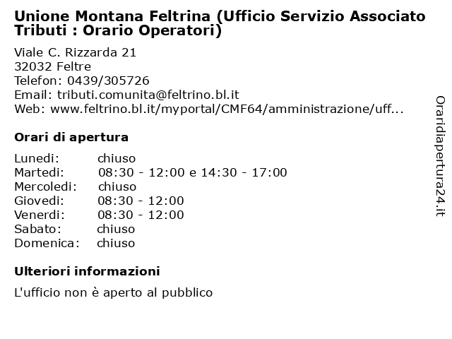 Á… Orari Di Apertura Unione Montana Feltrina Ufficio Servizio Associato Tributi Orario Operatori Viale C Rizzarda