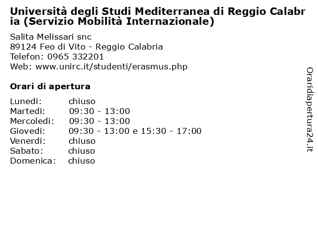 Università degli Studi Mediterranea di Reggio Calabria (Servizio Mobilità Internazionale) a Feo di Vito - Reggio Calabria: indirizzo e orari di apertura