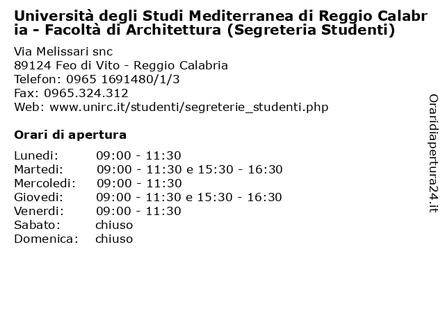 Università degli Studi Mediterranea di Reggio Calabria - Facoltà di Architettura (Segreteria Studenti) a Feo di Vito - Reggio Calabria: indirizzo e orari di apertura