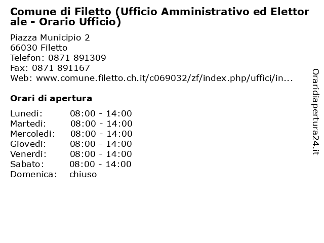 Comune di Filetto (Ufficio Amministrativo ed Elettorale - Orario Ufficio) a Filetto: indirizzo e orari di apertura