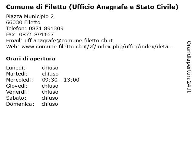 Comune di Filetto (Ufficio Anagrafe e Stato Civile) a Filetto: indirizzo e orari di apertura