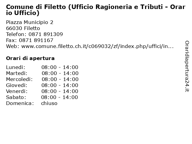 Comune di Filetto (Ufficio Ragioneria e Tributi - Orario Ufficio) a Filetto: indirizzo e orari di apertura
