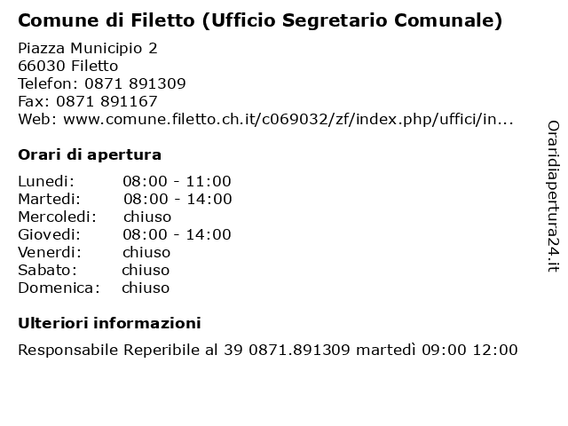 Comune di Filetto (Ufficio Segretario Comunale) a Filetto: indirizzo e orari di apertura