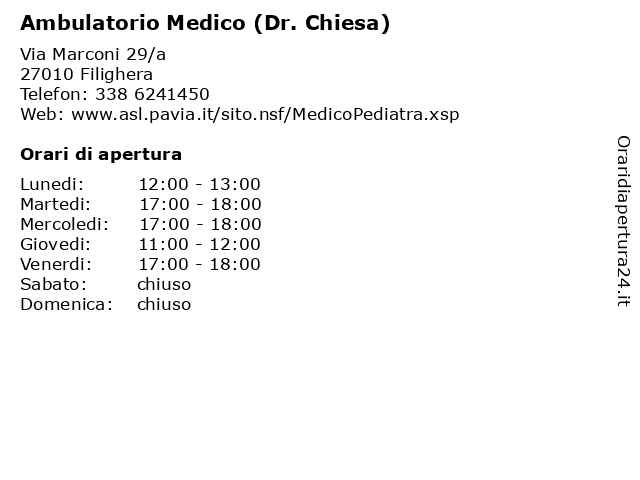 Ambulatorio Medico (Dr. Chiesa) a Filighera: indirizzo e orari di apertura
