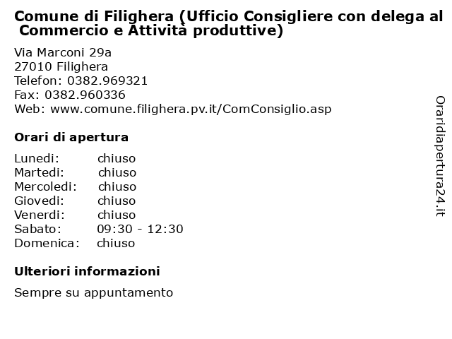 Comune di Filighera (Ufficio Consigliere con delega al Commercio e Attività produttive) a Filighera: indirizzo e orari di apertura