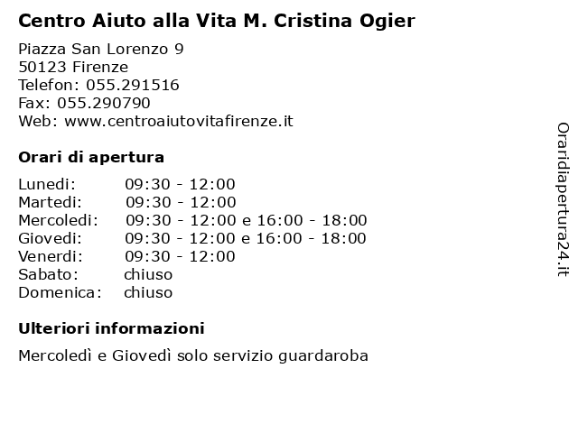 Centro Aiuto alla Vita M. Cristina Ogier a Firenze: indirizzo e orari di apertura