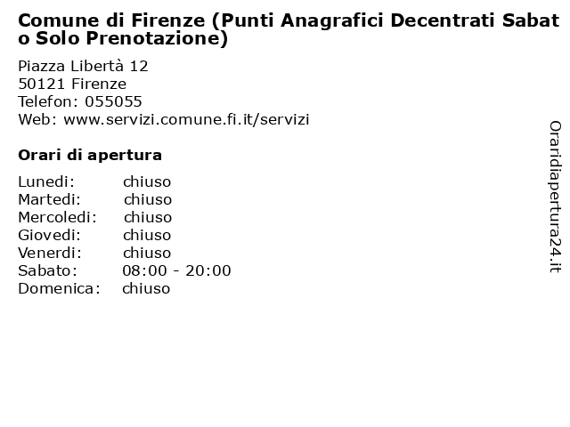 Comune di Firenze (Punti Anagrafici Decentrati Sabato Solo Prenotazione) a Firenze: indirizzo e orari di apertura