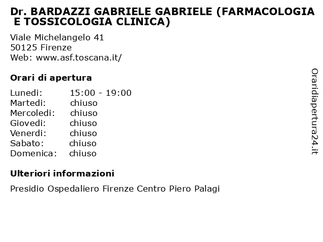 Dr. BARDAZZI GABRIELE GABRIELE (FARMACOLOGIA E TOSSICOLOGIA CLINICA) a Firenze: indirizzo e orari di apertura