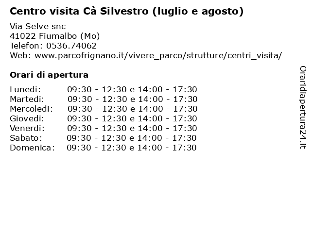 Centro visita Cà Silvestro (luglio e agosto) a Fiumalbo (Mo): indirizzo e orari di apertura