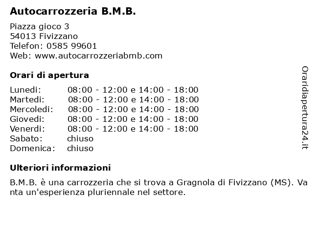 Autocarrozzeria B.M.B. a Fivizzano: indirizzo e orari di apertura