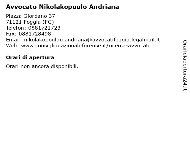 Avvocato Nikolakopoulo Andriana a Foggia (FG): indirizzo e orari di apertura