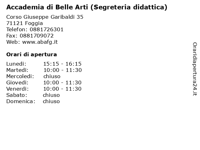 ᐅ Orari Accademia Di Belle Arti Segreteria Didattica Corso Giuseppe Garibaldi 35 Foggia