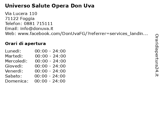 Universo Salute Opera Don Uva a Foggia: indirizzo e orari di apertura