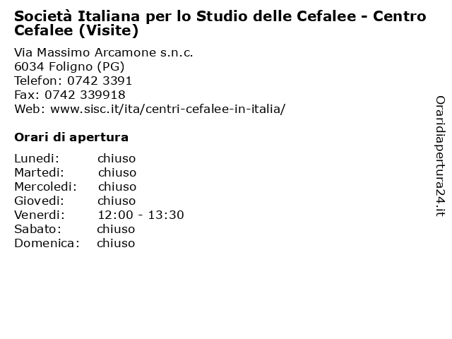 Società Italiana per lo Studio delle Cefalee - Centro Cefalee (Visite) a Foligno (PG): indirizzo e orari di apertura