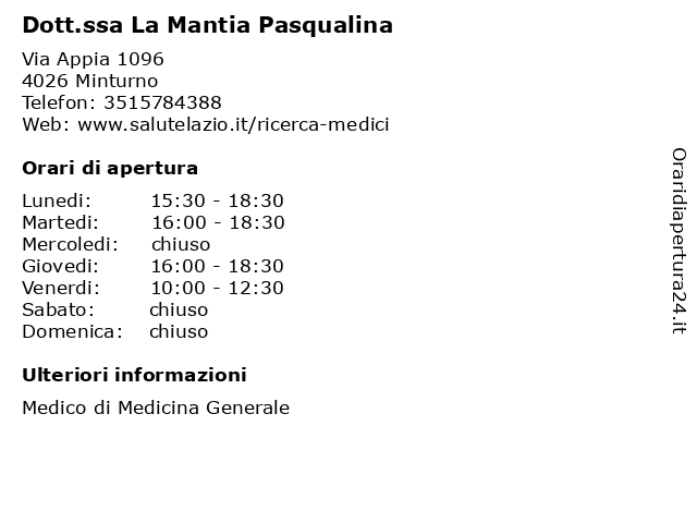 Dott.ssa La Mantia Pasqualina a Fondi: indirizzo e orari di apertura