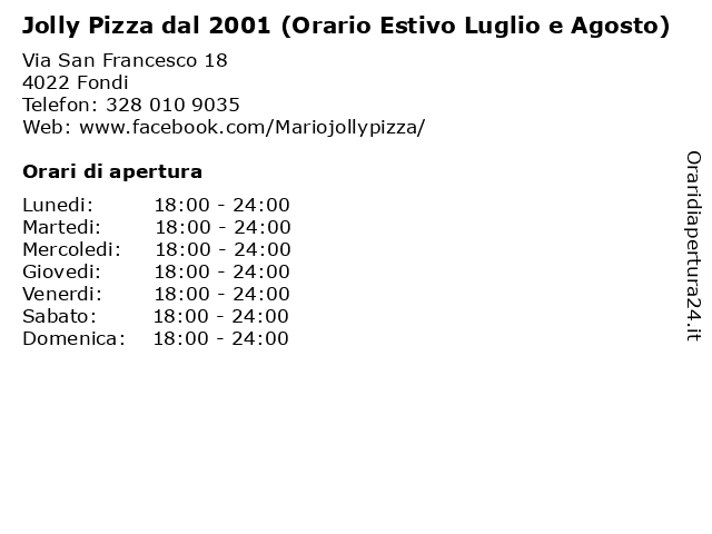 Jolly Pizza dal 2001 (Orario Estivo Luglio e Agosto) a Fondi: indirizzo e orari di apertura