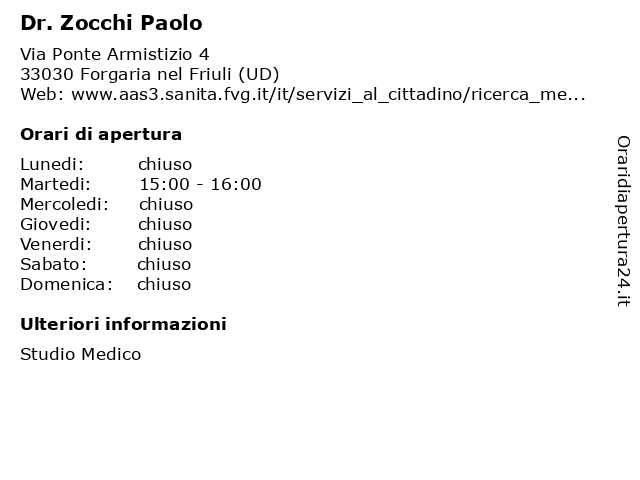 Dr. Zocchi Paolo a Forgaria nel Friuli (UD): indirizzo e orari di apertura