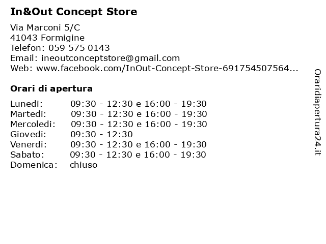 In&Out Concept Store a Formigine: indirizzo e orari di apertura