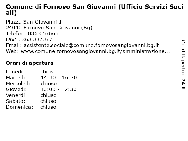 Comune di Fornovo San Giovanni (Ufficio Servizi Sociali) a Fornovo San Giovanni (Bg): indirizzo e orari di apertura