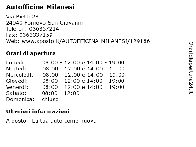 Autofficina Milanesi a Fornovo San Giovanni: indirizzo e orari di apertura