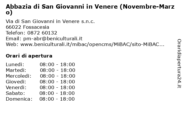 Abbazia di San Giovanni in Venere (Novembre-Marzo) a Fossacesia: indirizzo e orari di apertura