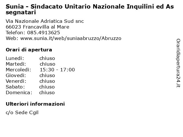 Sunia - Sindacato Unitario Nazionale Inquilini ed Assegnatari a Francavilla al Mare: indirizzo e orari di apertura