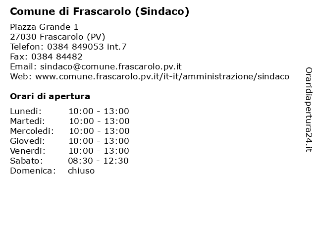 Comune di Frascarolo (Sindaco) a Frascarolo (PV): indirizzo e orari di apertura