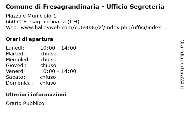 Comune di Fresagrandinaria - Ufficio Segreteria a Fresagrandinaria (CH): indirizzo e orari di apertura