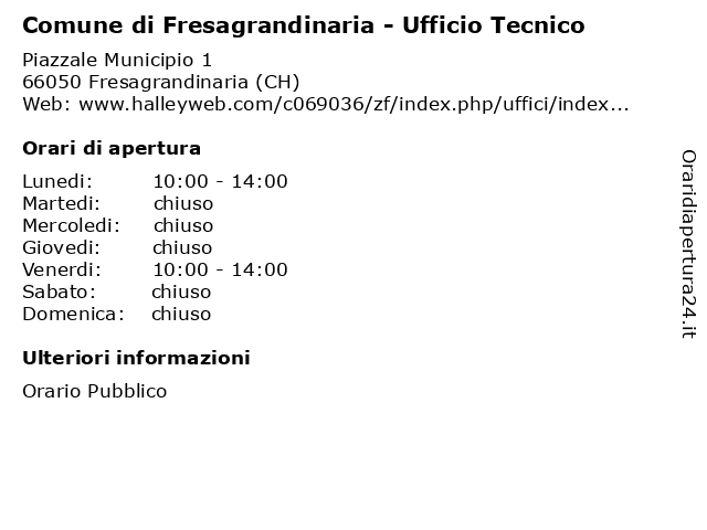 Comune di Fresagrandinaria - Ufficio Tecnico a Fresagrandinaria (CH): indirizzo e orari di apertura