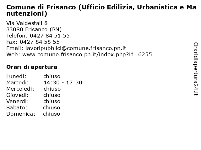 Comune di Frisanco (Ufficio Edilizia, Urbanistica e Manutenzioni) a Frisanco (PN): indirizzo e orari di apertura
