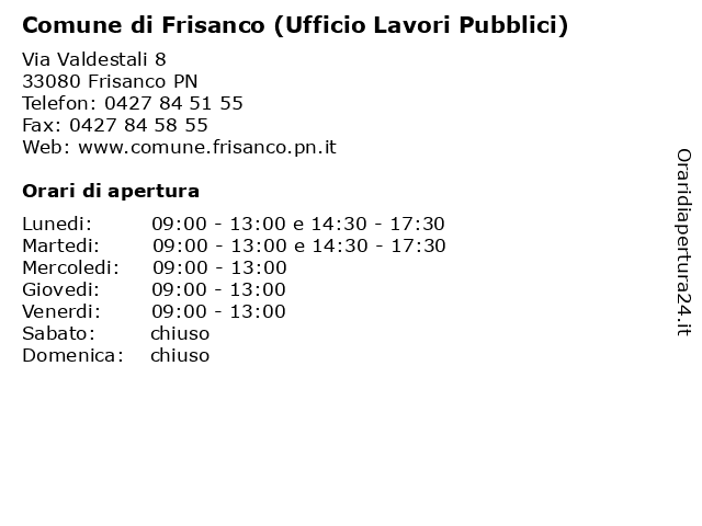 Comune di Frisanco (Ufficio Lavori Pubblici) a Frisanco PN: indirizzo e orari di apertura