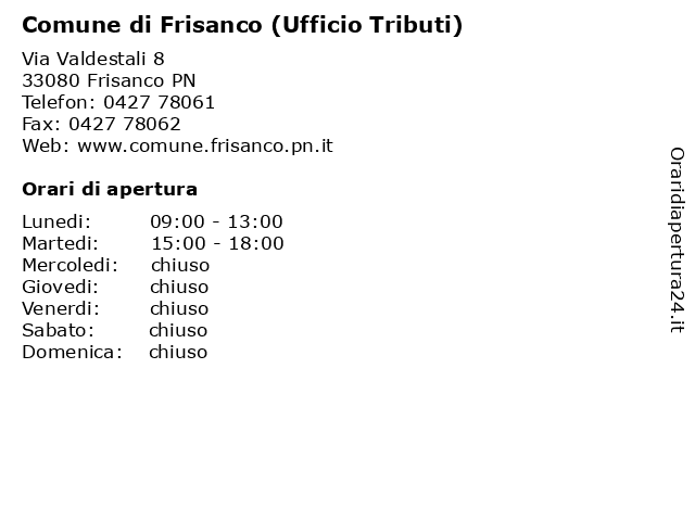 Comune di Frisanco (Ufficio Tributi) a Frisanco PN: indirizzo e orari di apertura
