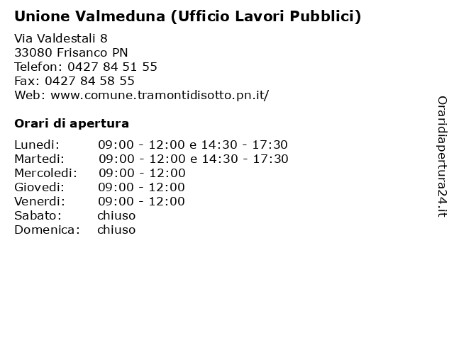 Unione Valmeduna (Ufficio Lavori Pubblici) a Frisanco PN: indirizzo e orari di apertura