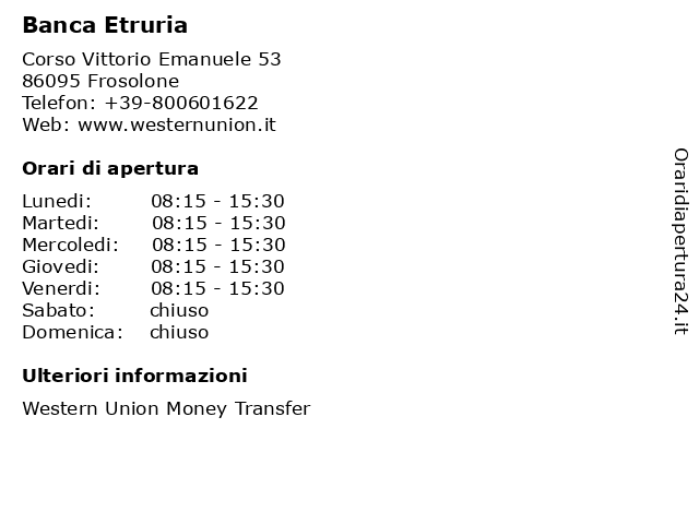 Banca Etruria a Frosolone: indirizzo e orari di apertura