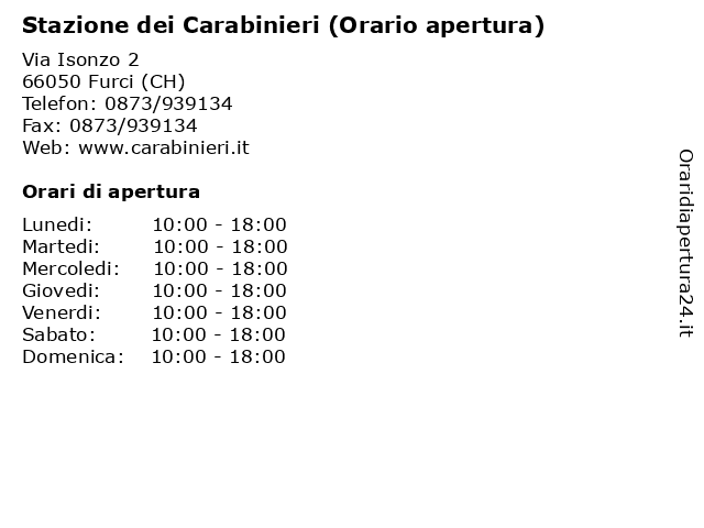 Stazione dei Carabinieri (Orario apertura) a Furci (CH): indirizzo e orari di apertura