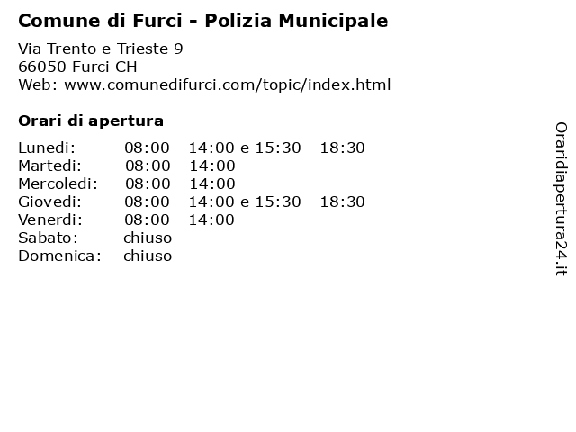 Comune di Furci - Polizia Municipale a Furci CH: indirizzo e orari di apertura